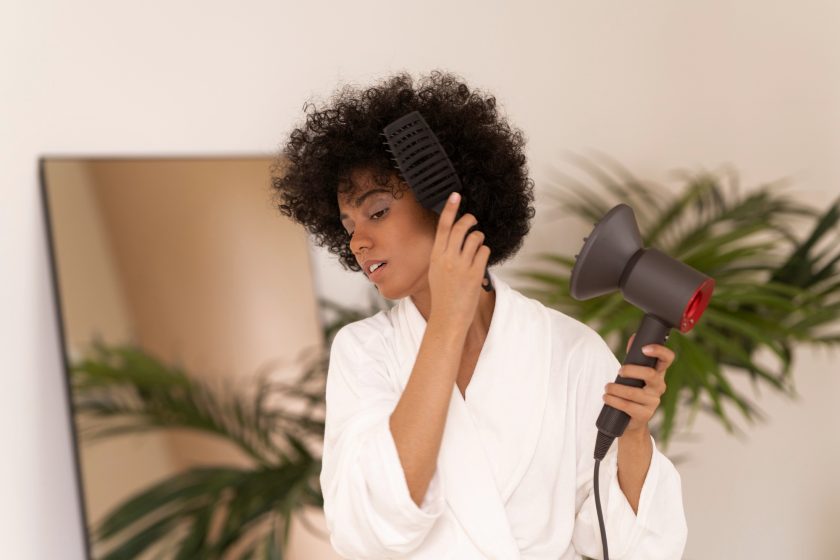 Mulher secando os cabelos com uma escova pensando nos cuidados com o cabelo.